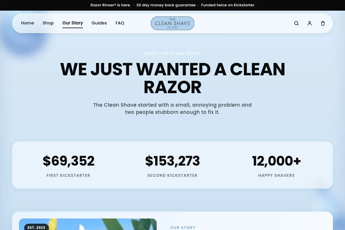 The Clean Shave, Our Story page with both Kickstarter campaigns